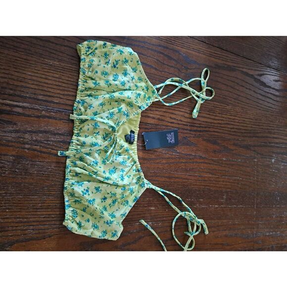 New Large Wild Fable Green Blue Floral Tie VNeck Crop Top Bikini Top NWT - Picture 1 of 4